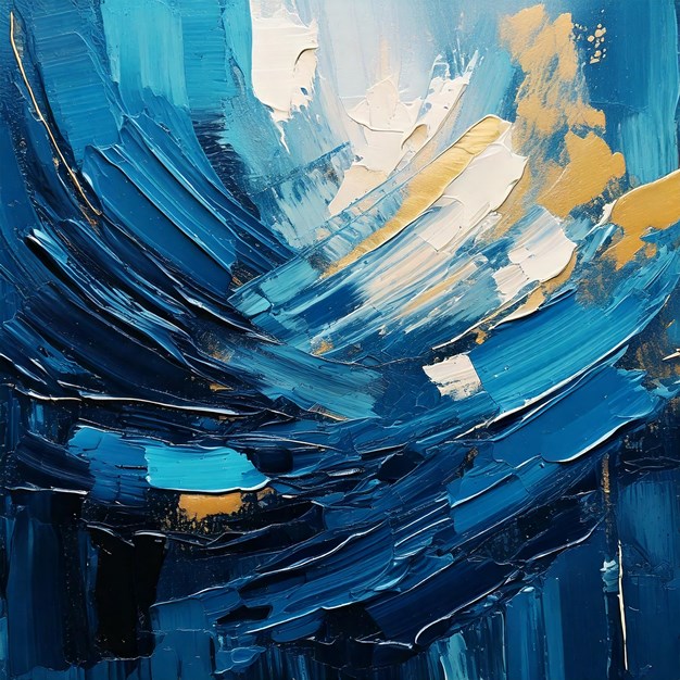 Abstract oil painting with blue, white, and gold textured brushstrokes.