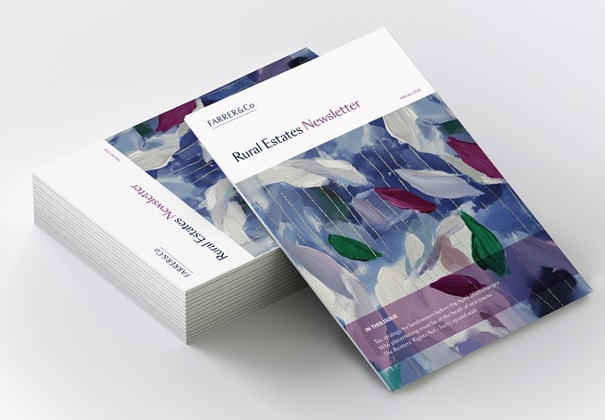 Stack of printed Farrer & Co “Rural Estates Newsletter” (February 2026) featuring an abstract floral artwork on the cover.