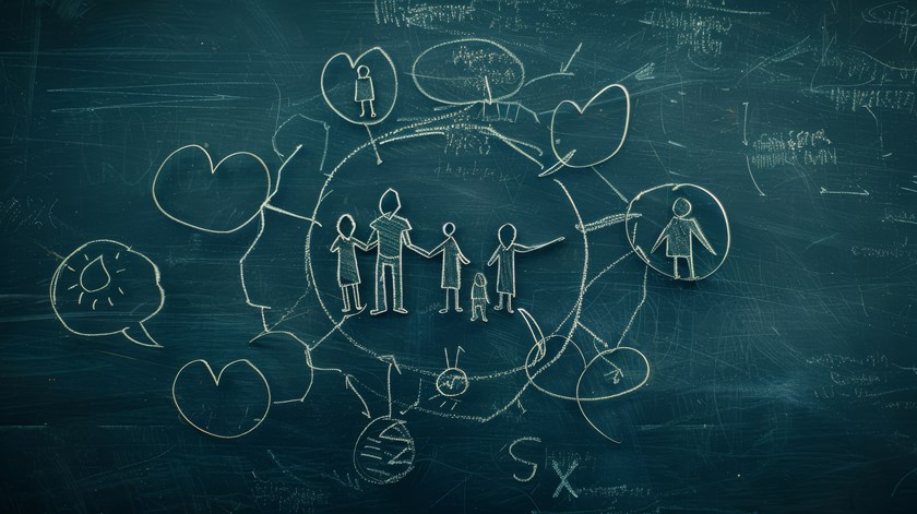 Family on chalk board