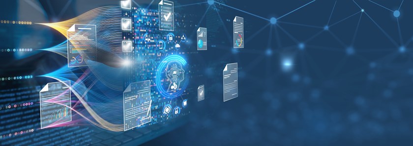 Futuristic AI document management system showing automated processing of digital documents in a UK workplace environment