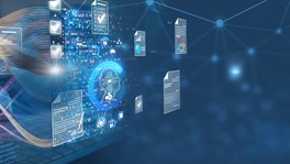 Futuristic AI document management system showing automated processing of digital documents in a UK workplace environment