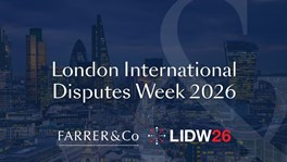 London skyline with text “London International Disputes Week 2026” and Farrer & Co and LIDW26 logos